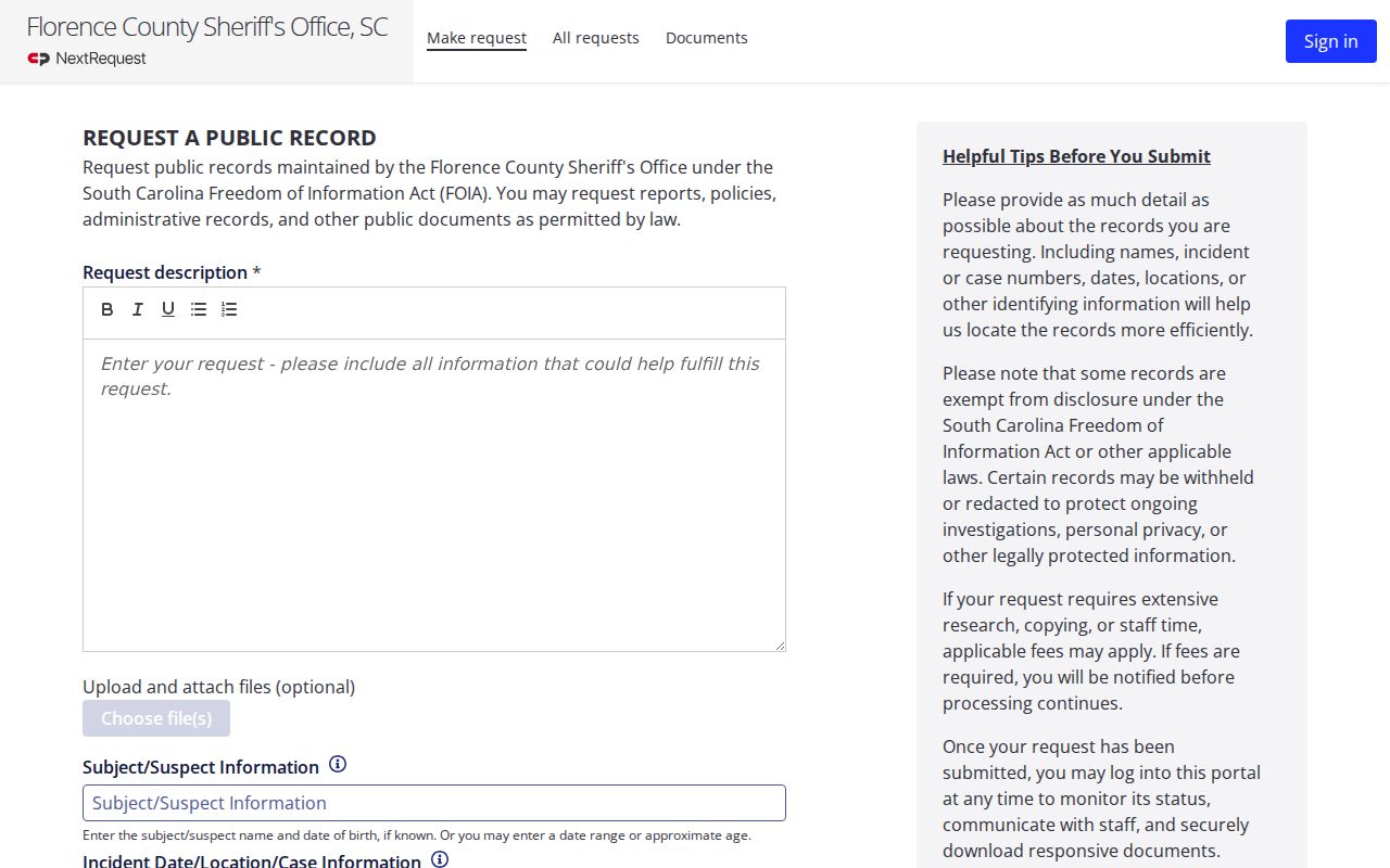 Florence County warrant records request form options