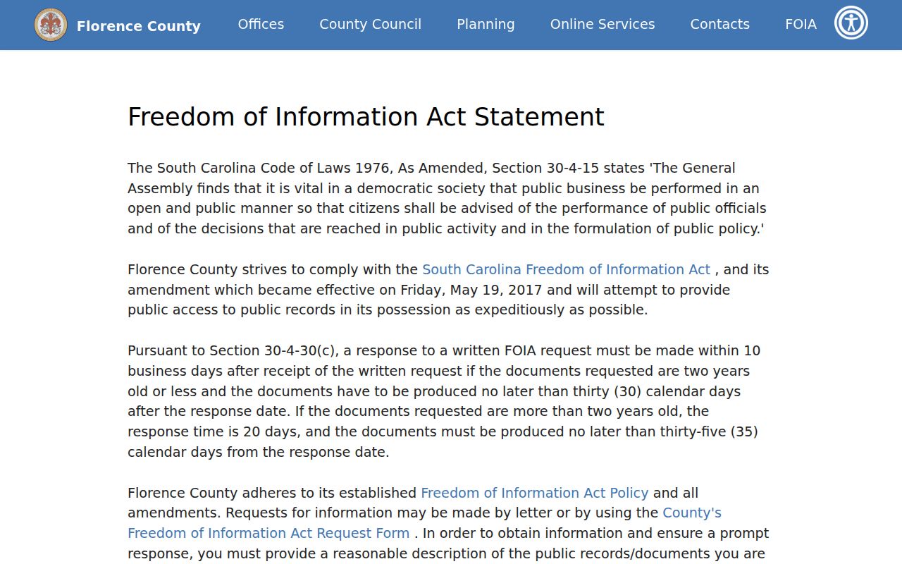 Florence County warrant records FOIA response information
