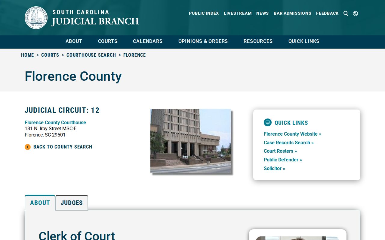 Florence County warrant records court and courthouse directory