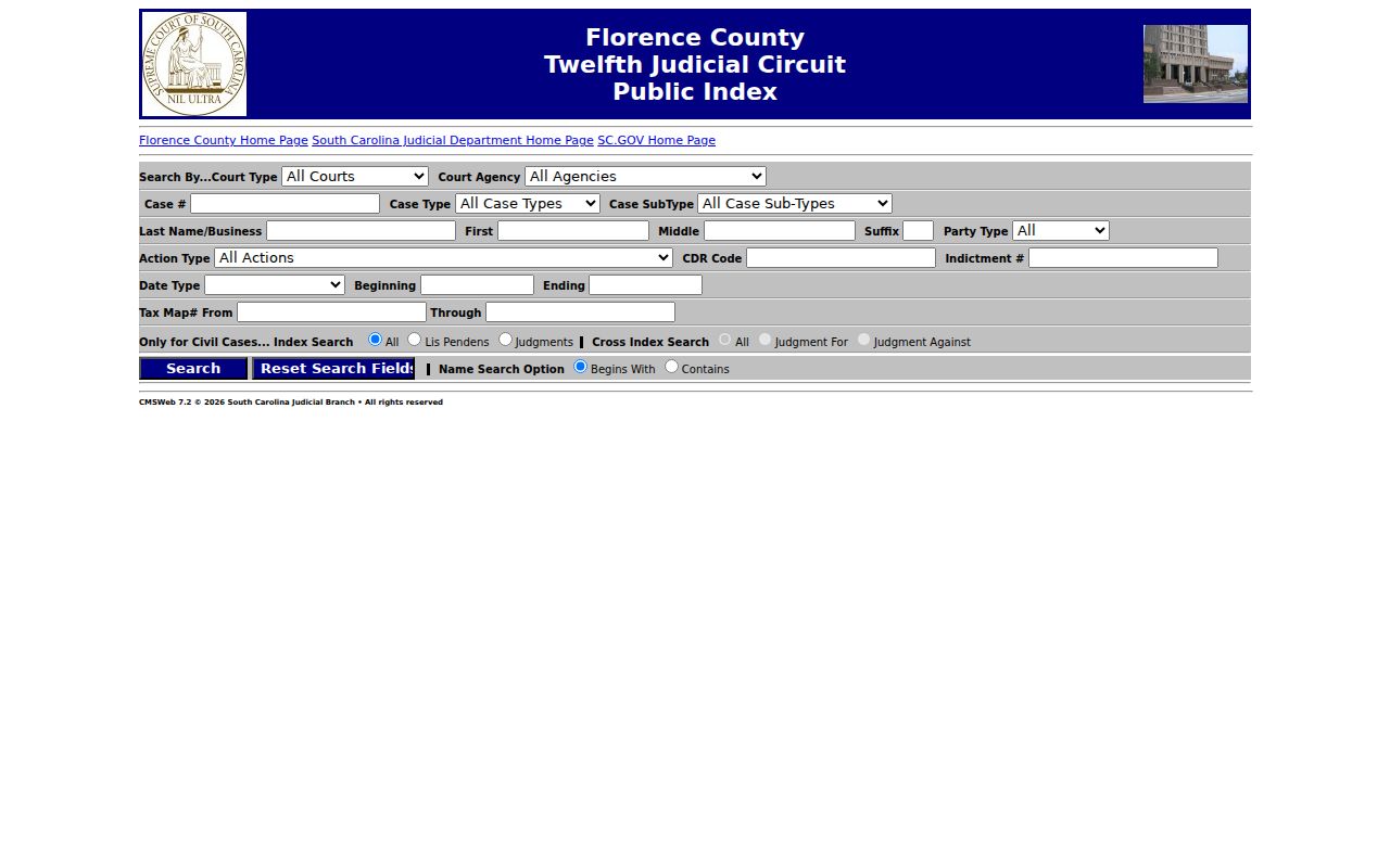 Florence County warrant search case index fields
