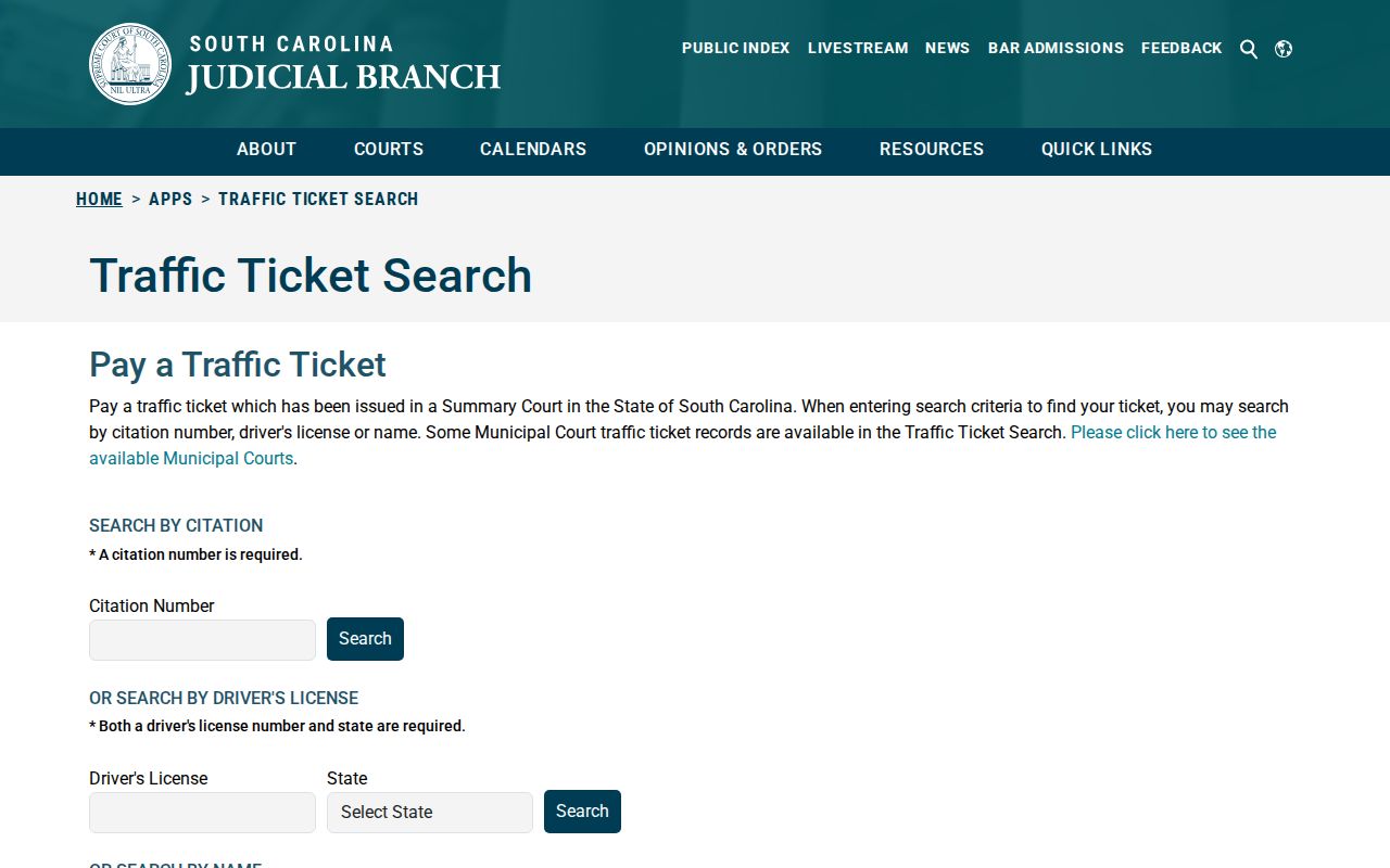 Florence County traffic warrant citation search fields