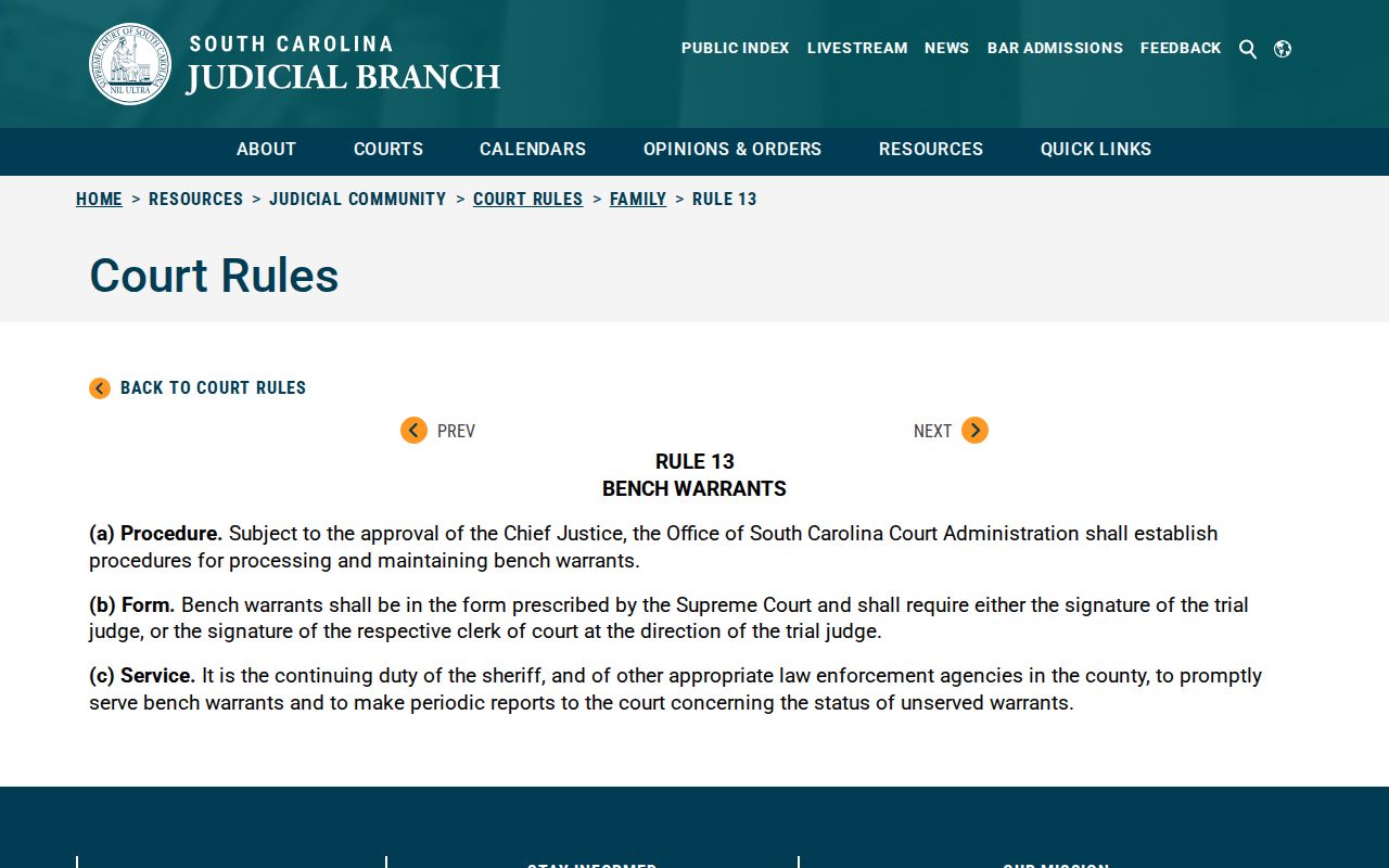 Florence County family bench warrant procedure reference